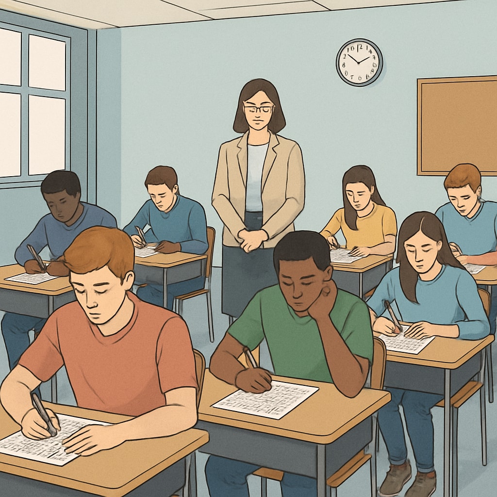 Students taking a standardized test in a classroom; grading systems in education.
