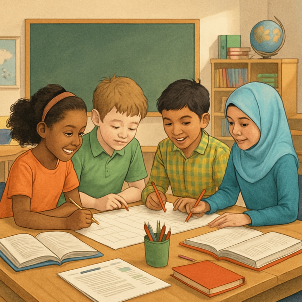 A diverse classroom setting with children from various socioeconomic backgrounds working collaboratively on a group project. Diverse classroom environment showcasing children from varied economic backgrounds.