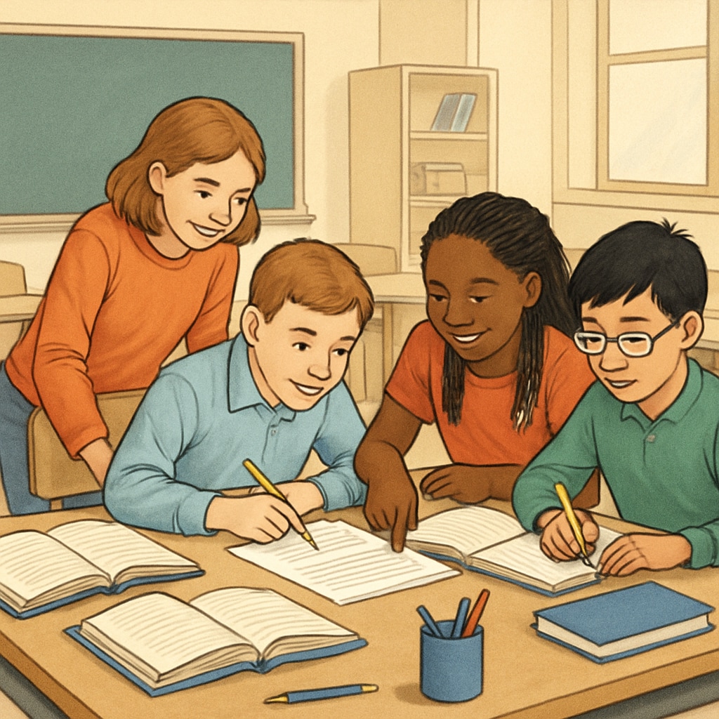 Students in a classroom engaging in a collaborative activity, demonstrating teamwork and mutual learning. Students working together in an economically diverse classroom setting.