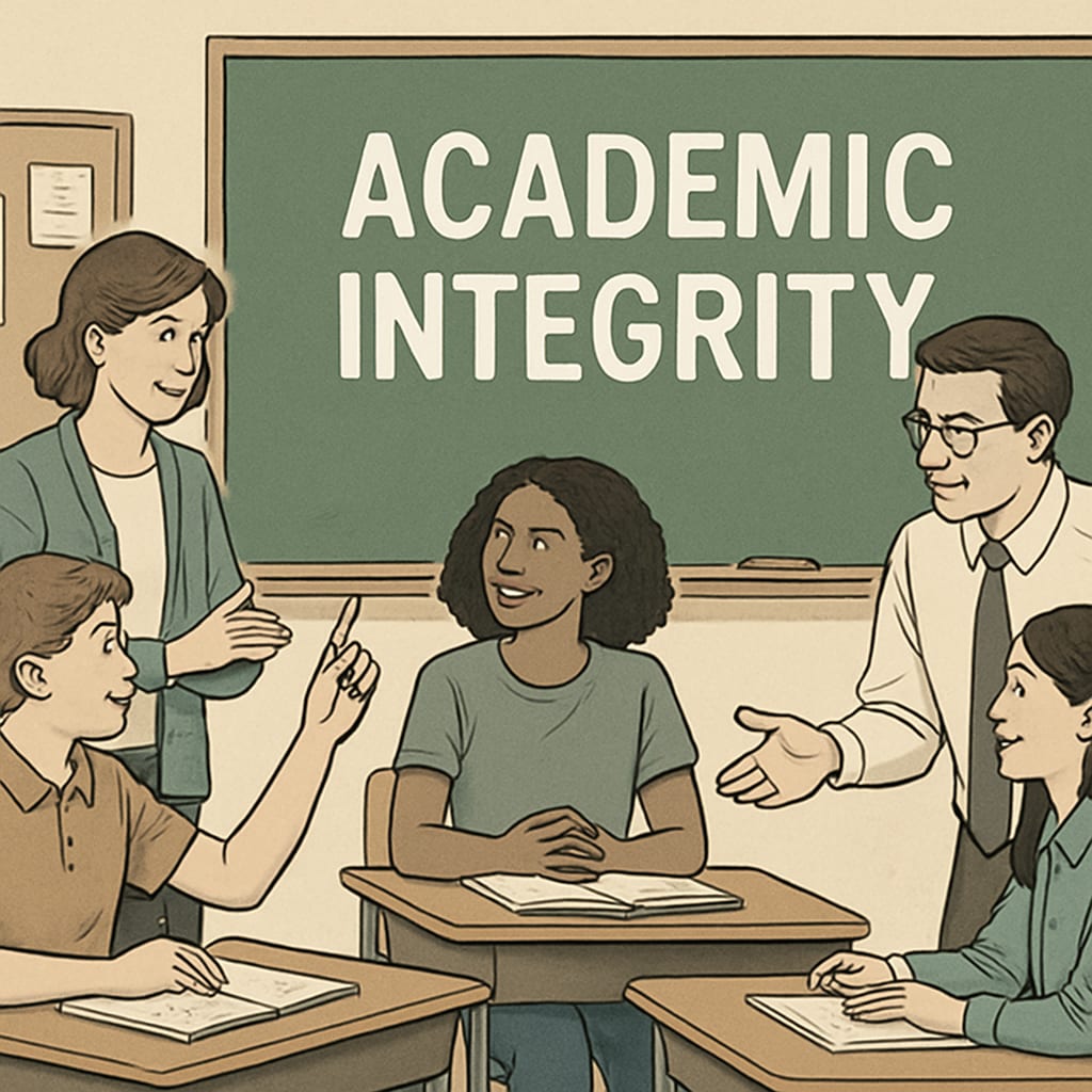 A classroom setting where students and teachers discuss academic integrity, showing collaboration and trust in academic environments. Students and teachers discussing academic integrity and challenges with AI detectors.