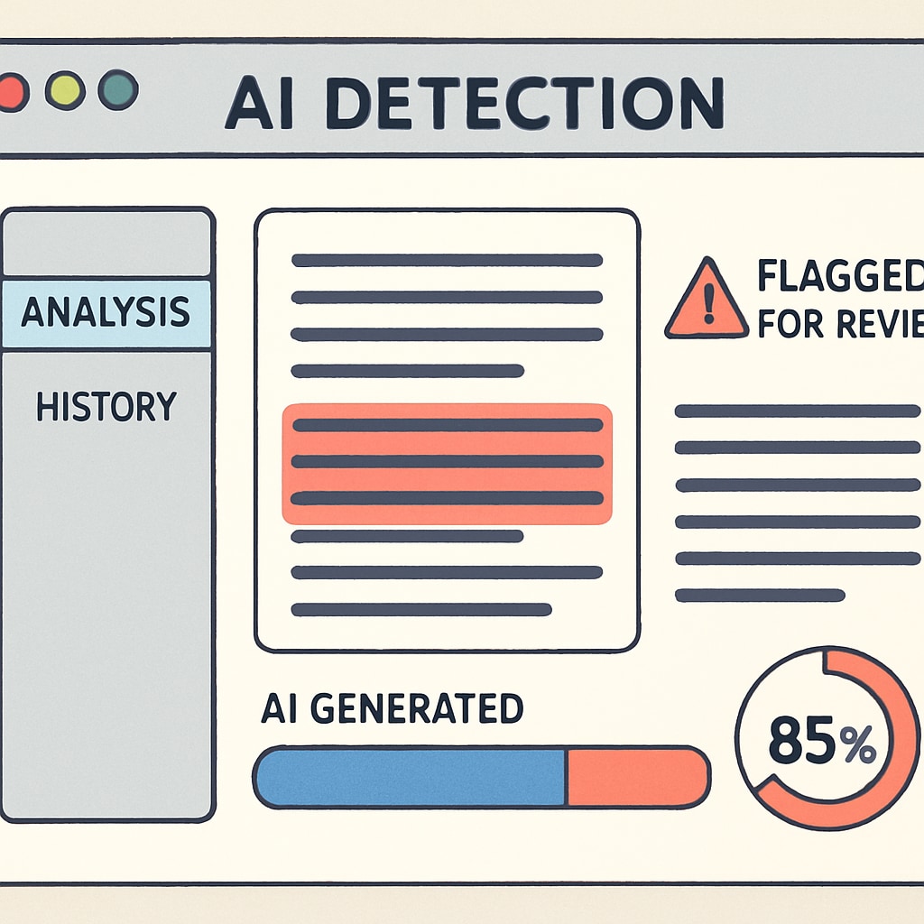 A detailed view of an AI detection software interface, illustrating how text is flagged for review. AI detection software interface showing flagged text for originality analysis.