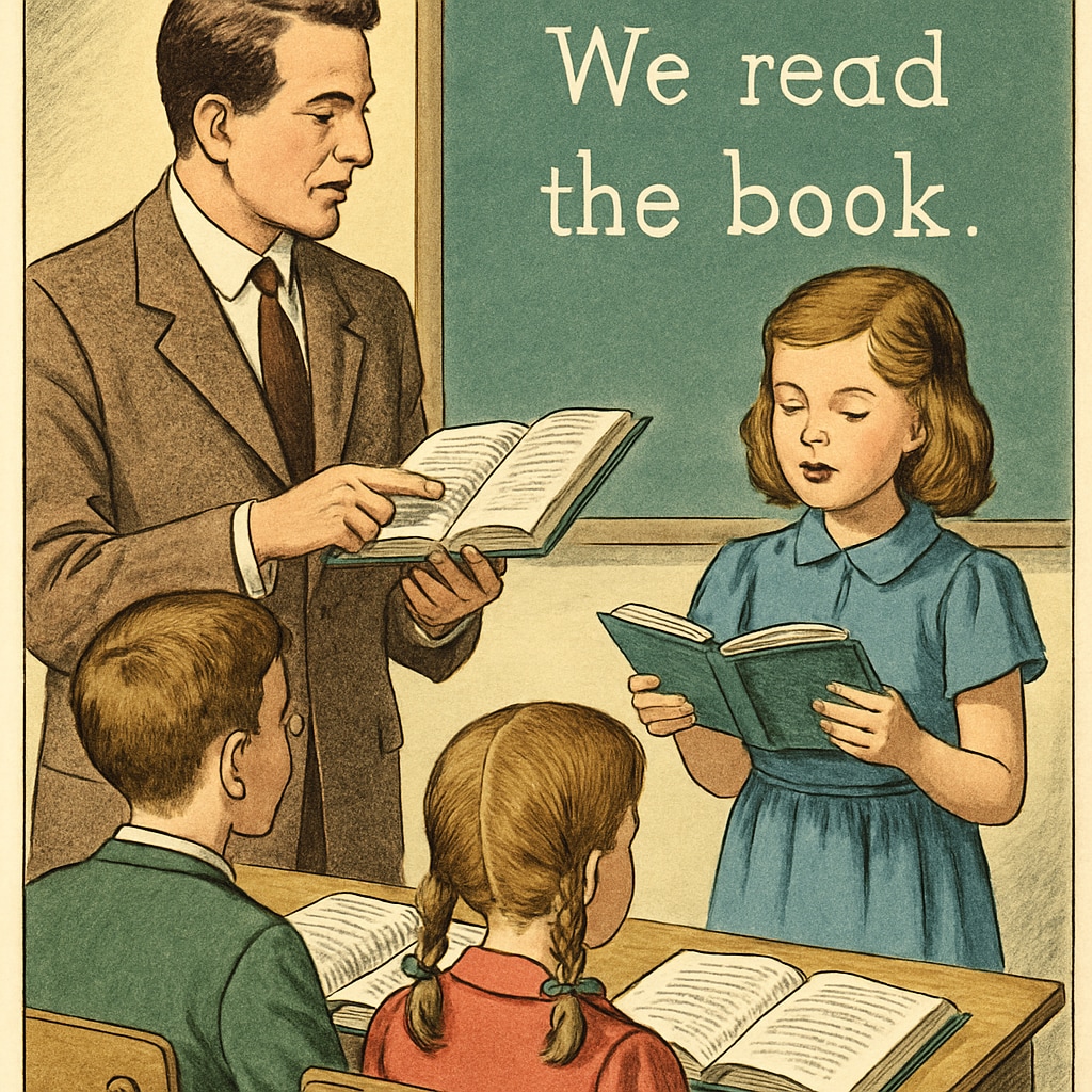 A teacher demonstrating traditional reading methods in a classroom with students.