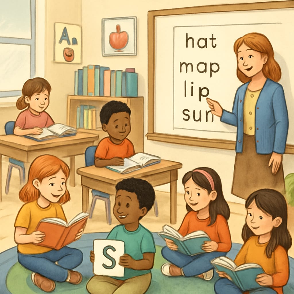 Children learning to read through phonics instruction in a classroom.