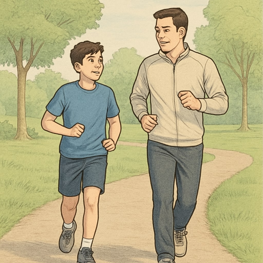 7th grade boy adopting healthy habits through physical activity with family involvement.
