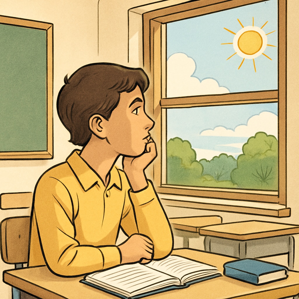 A student looking through a school window, symbolizing hope for a better educational environment. Student gazing through a classroom window, representing the need for safer school options.