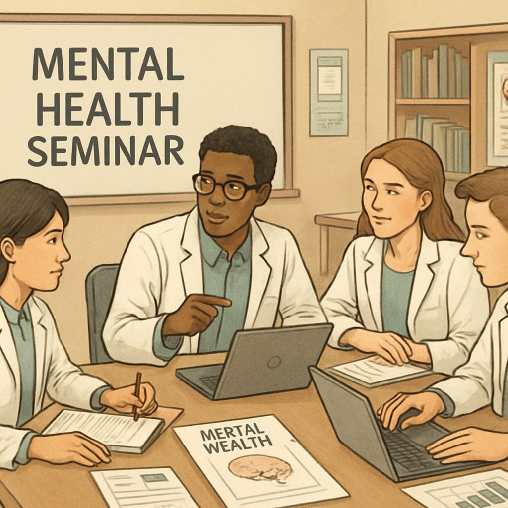 Medical students preparing for a mental health seminar for high school students.