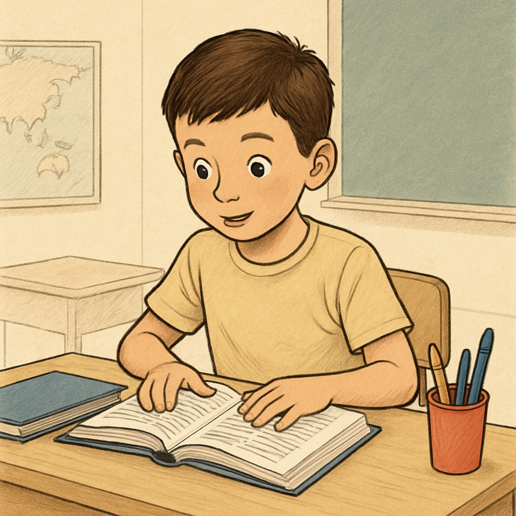 An elementary school student reading a book with a curious expression, suggesting engagement and comprehension. Elementary school student reading a book, engaged in comprehension.