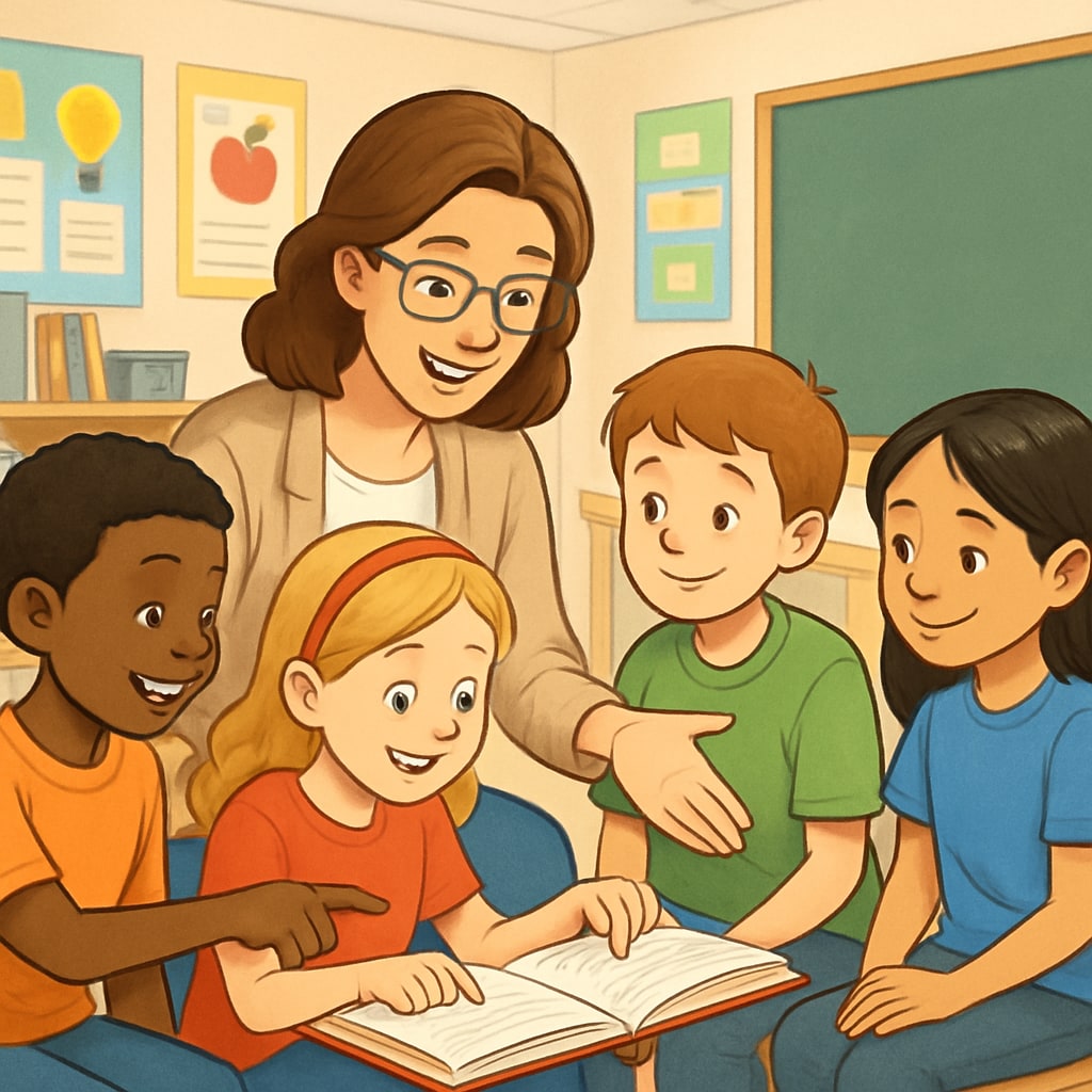 A teacher and a group of elementary students enthusiastically discussing a book in a classroom setting. Teacher and elementary students discussing a book to enhance comprehension.