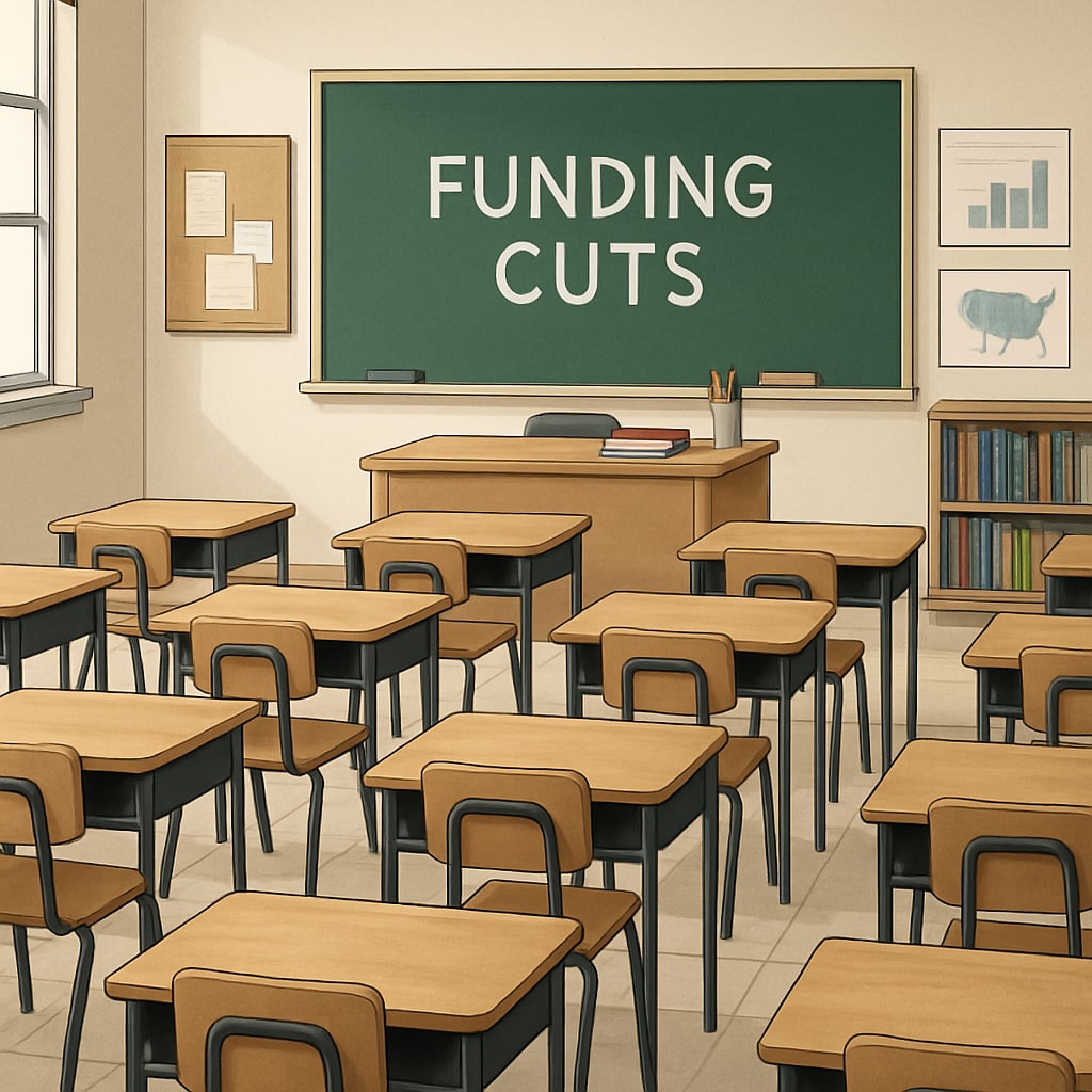 Empty classroom desks representing challenges in public school funding.