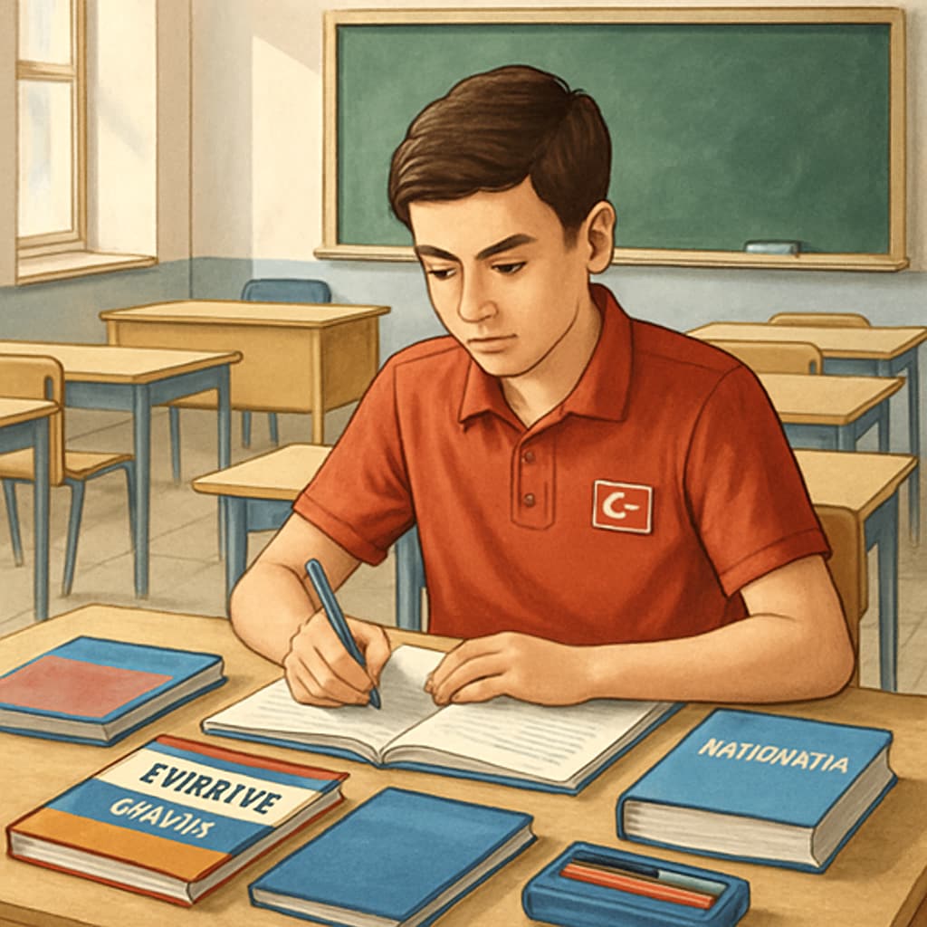 A Turkish student studying for exams, reflecting the challenges of Turkey's exam-focused education system.