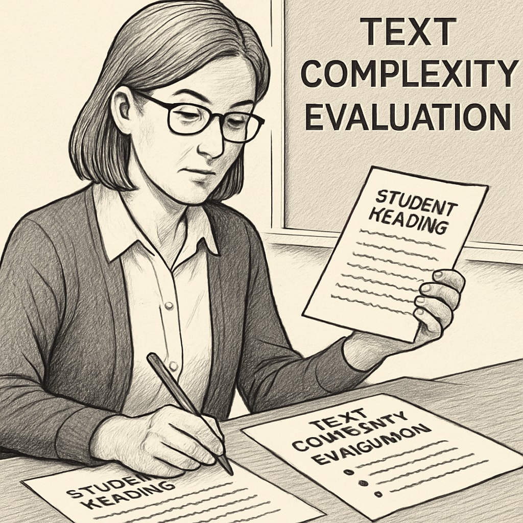Teacher evaluating reading materials for text complexity in an educational setting.