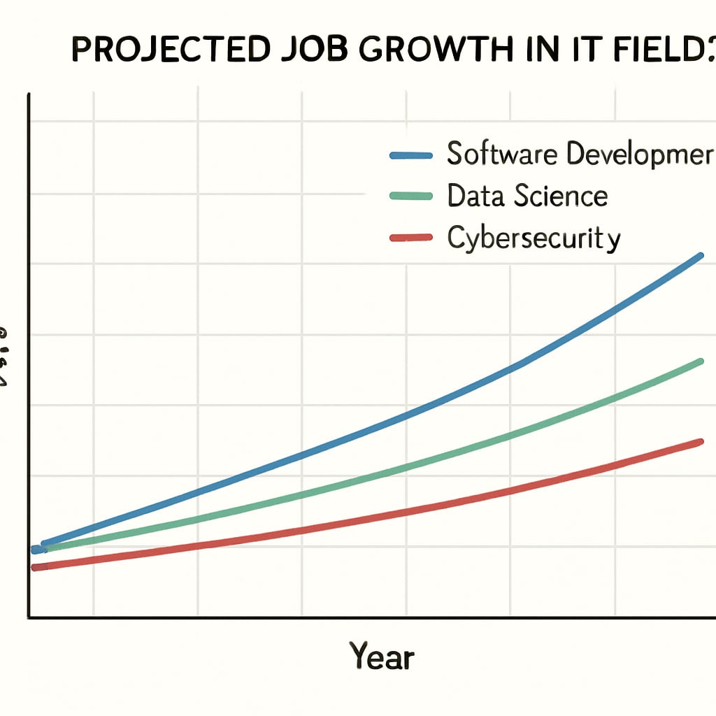 A graph illustrating projected job growth in IT fields like software development, data science, and cybersecurity. Job growth projections in IT fields such as software development, data science, and cybersecurity.