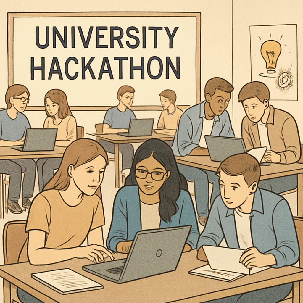 A university hackathon scene, showing students collaborating on IT projects. University students engaged in a hackathon, working on laptops to develop IT solutions.
