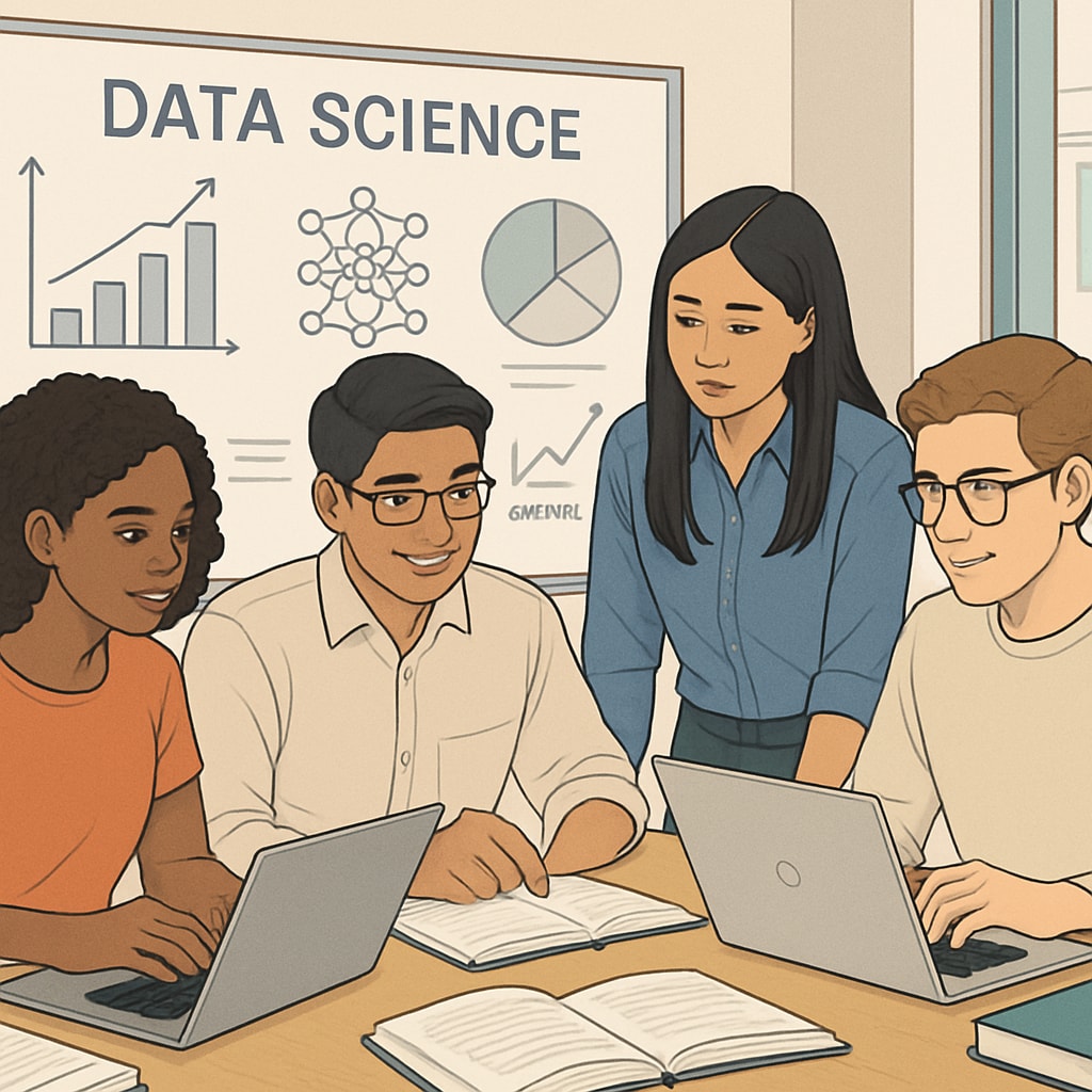 International students studying data science in a classroom setting.