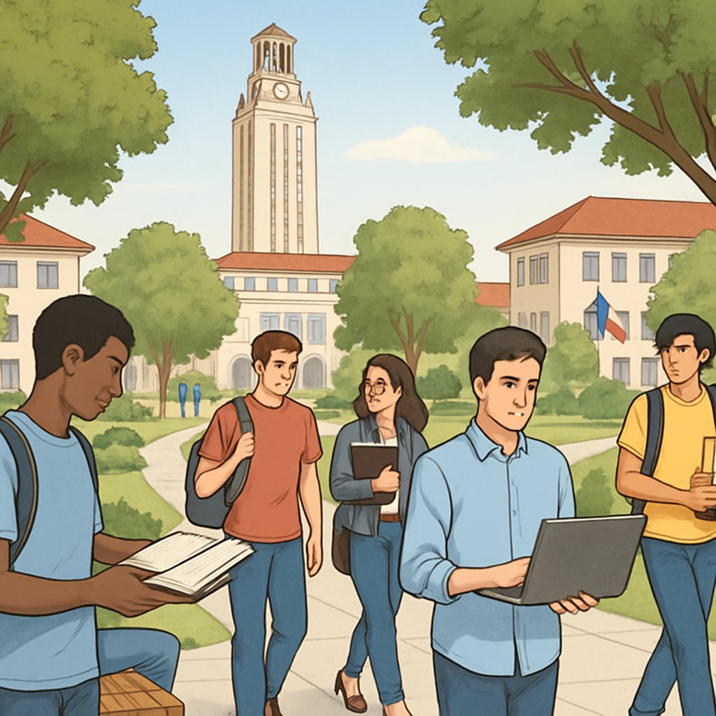 Texas university campus with students visible in outdoor academic spaces.