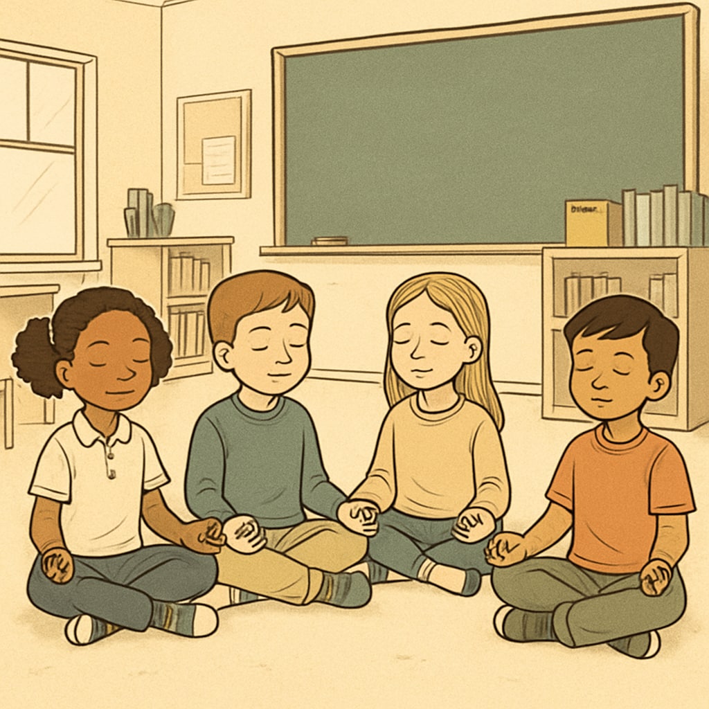 Children practicing mindfulness exercises inspired by Sadhguru's teachings