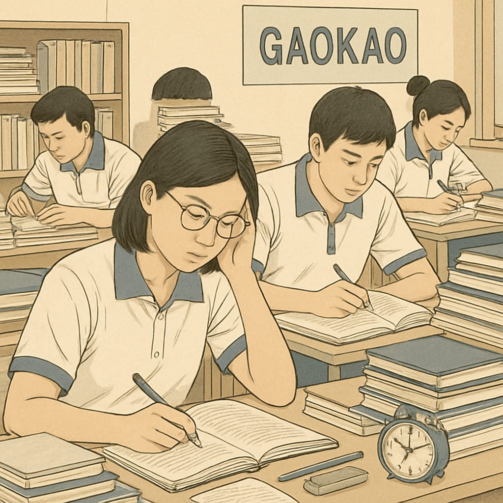 Chinese students preparing for the Gaokao exam under a high-pressure environment.