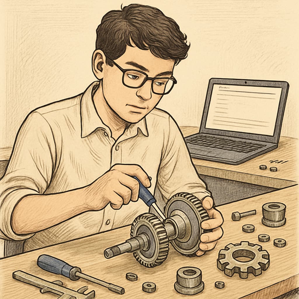 Dual-degree engineering student balancing mechanical work and online education.
