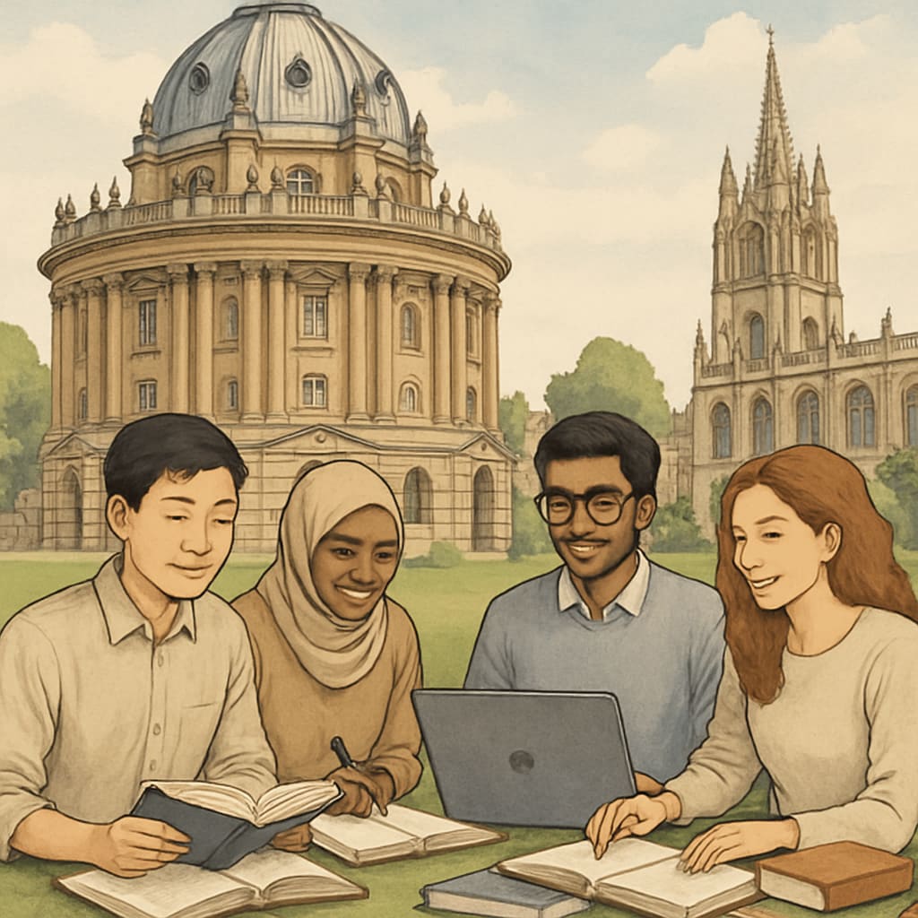 Oxford University students studying and discussing academic materials, highlighting international and immigrant student representation.