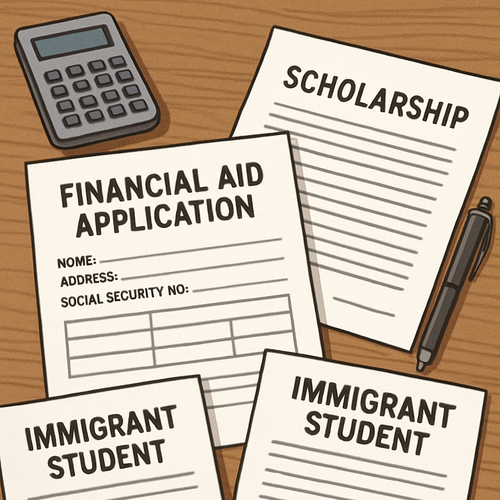 Financial aid and scholarship documents, emphasizing financial barriers faced by international and immigrant students.