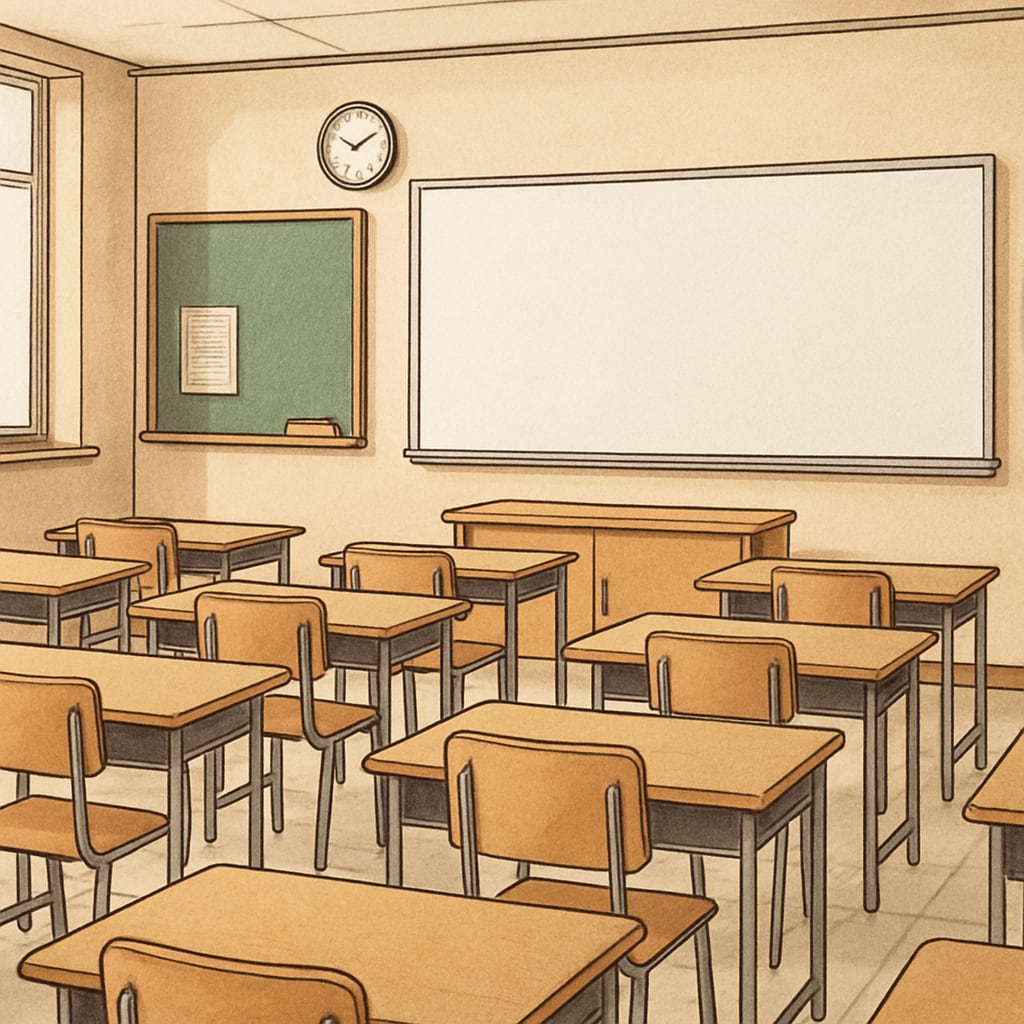 Empty classroom representing Teacherless Tuesday's collective leave impact.