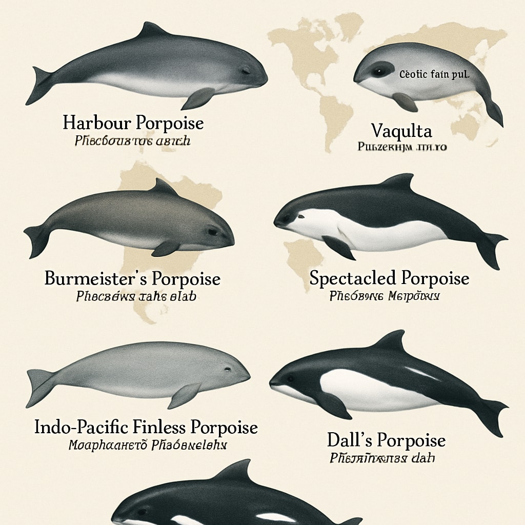 A detailed illustration of the six porpoise species, showing their physical traits and geographic distribution. Illustration of six porpoise species and their classification.