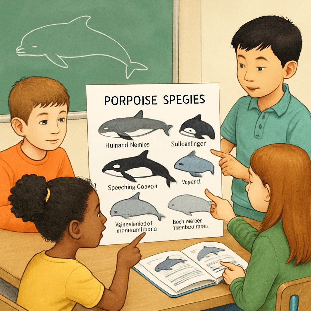 A classroom activity where children are engaged in identifying porpoise species using interactive diagrams. Children learning about porpoise species classification in a classroom activity.