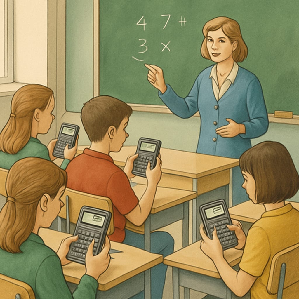 Students in a classroom setting practicing math with RPN calculators.