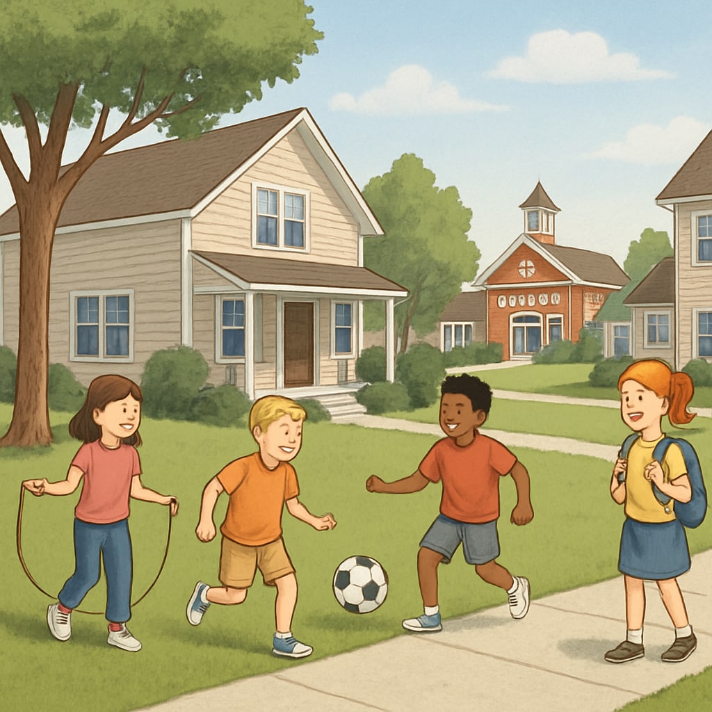 A suburban neighborhood showcasing the link between school district rankings, real estate, and family choices.