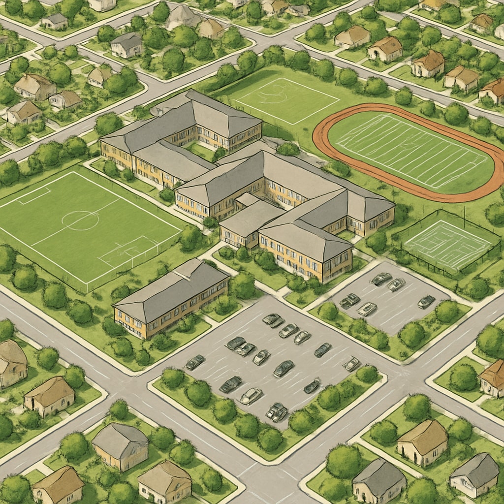 Aerial view of a top school district and nearby homes, emphasizing the real estate value.
