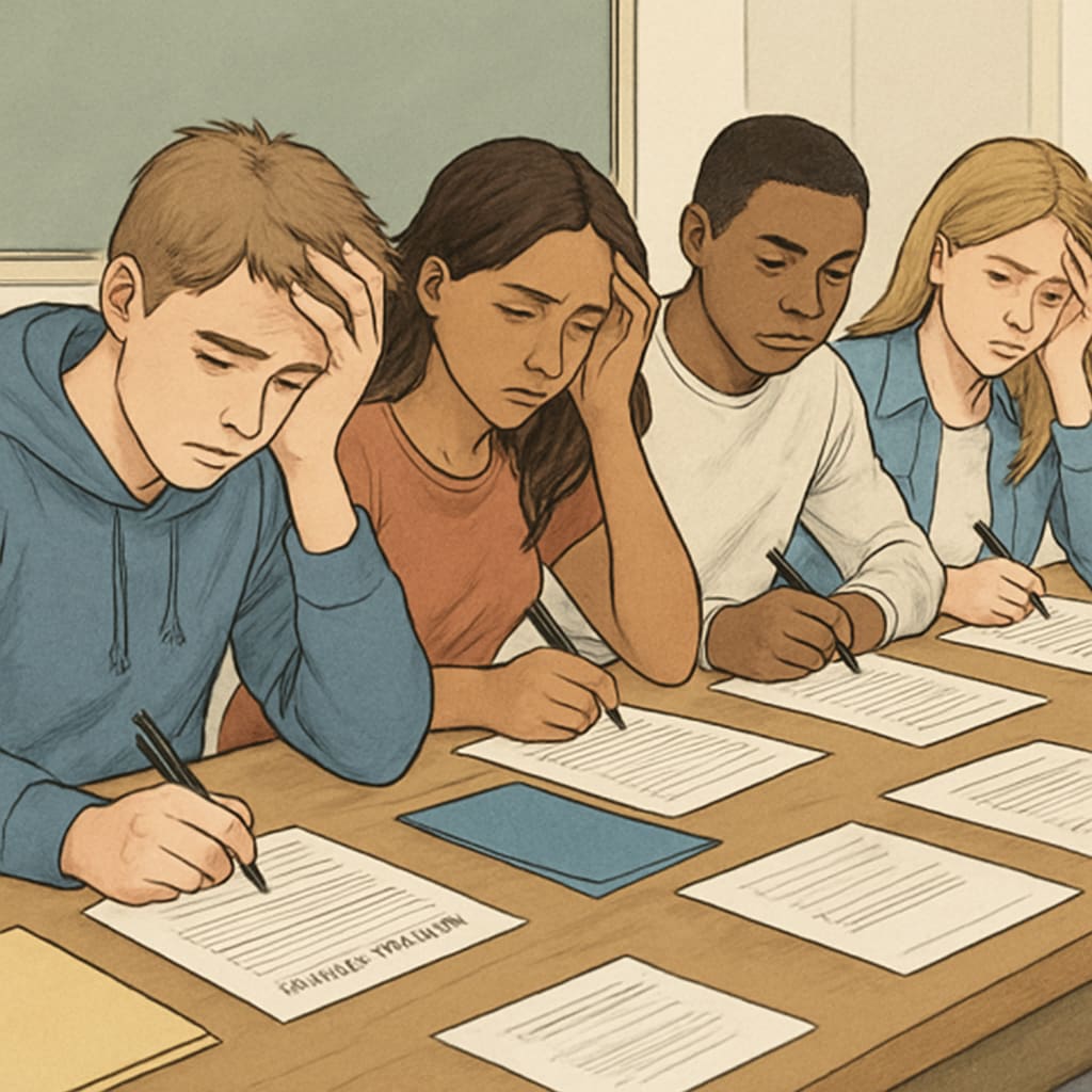 High school students stressed while completing college applications.