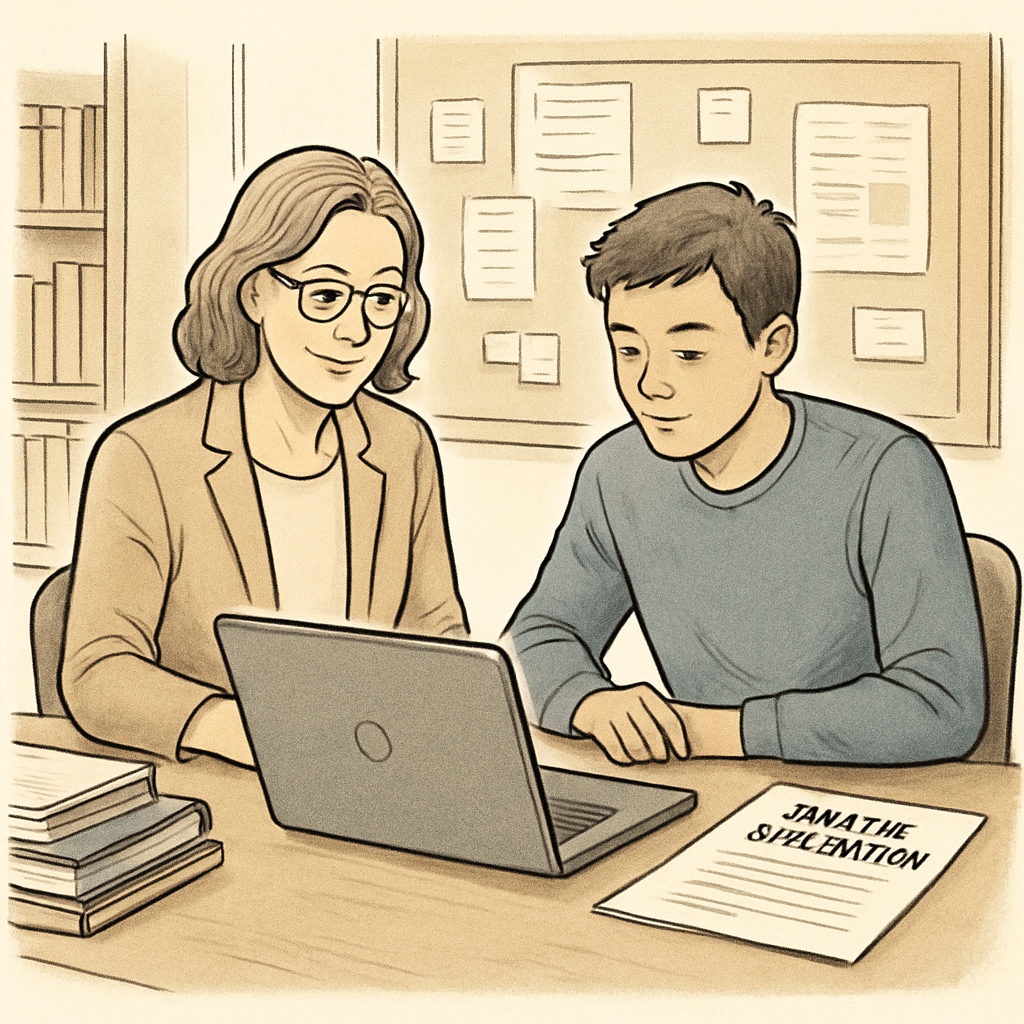 Teacher guiding student on college application strategies.