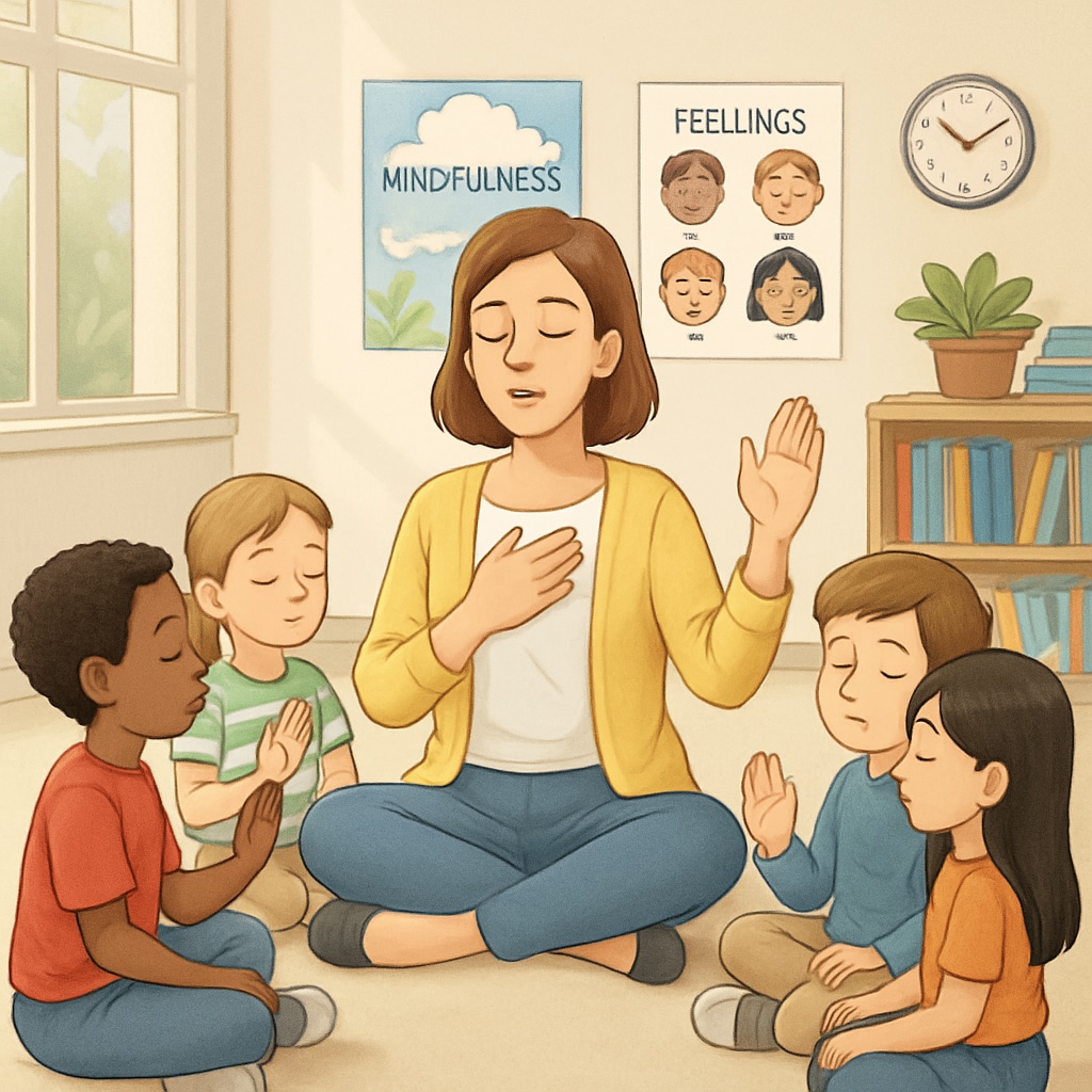 A teacher leading a mindfulness activity to teach emotional control to students.