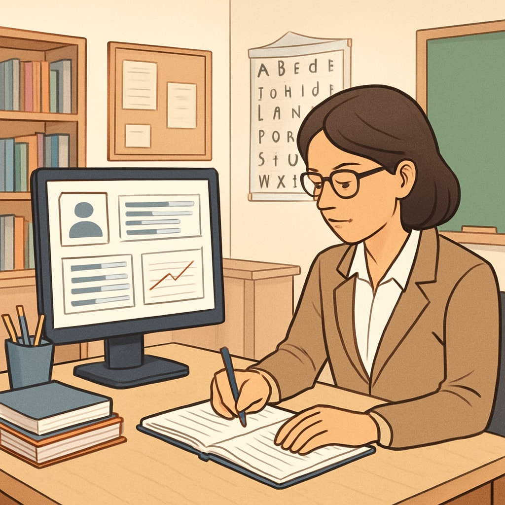 Teacher using data analytics to track student progress and optimize outcomes.