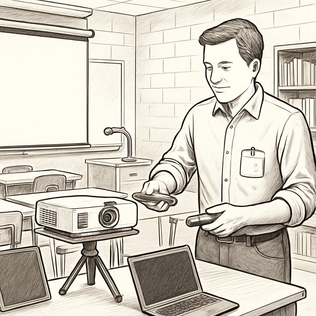 Technology coordinator assisting teachers with classroom tools