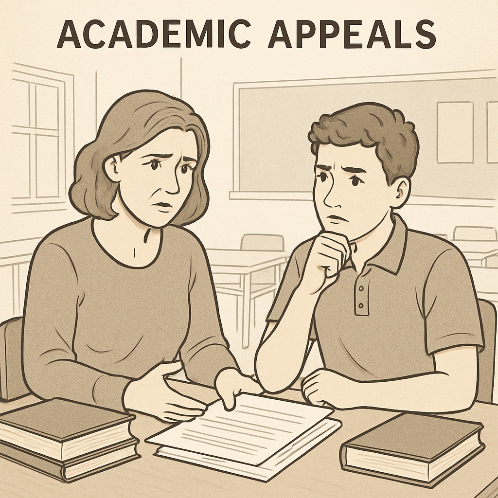 Parent and student discussing academic appeals, teacher misconduct, and grade disputes.