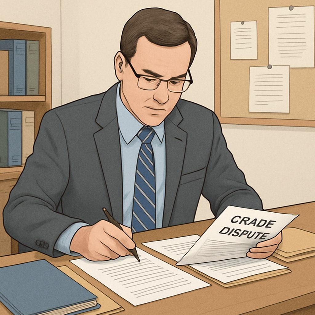 Administrator reviewing a student’s grade dispute related to academic appeals.