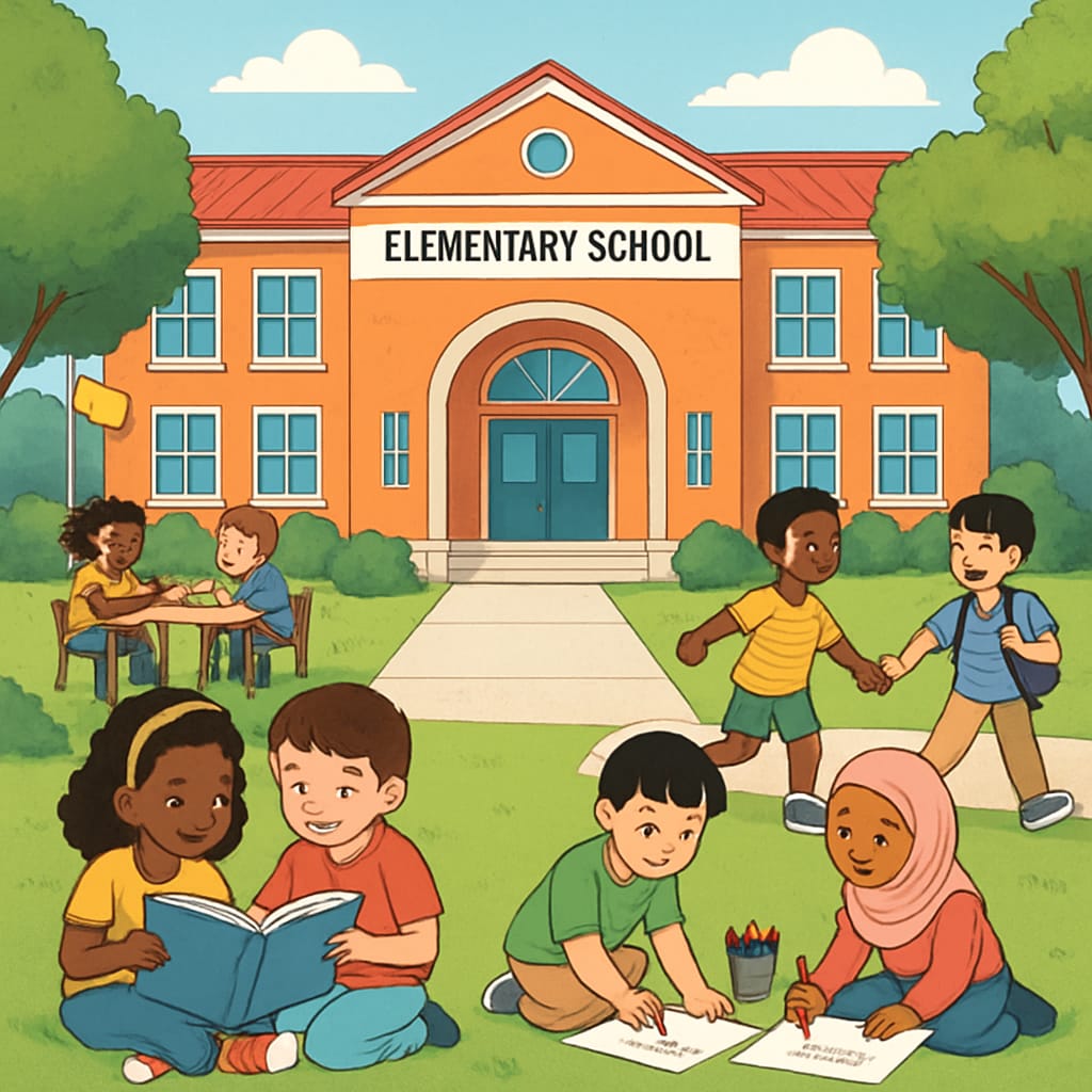 Public school evaluation; inclusive elementary school campus with engaged students.