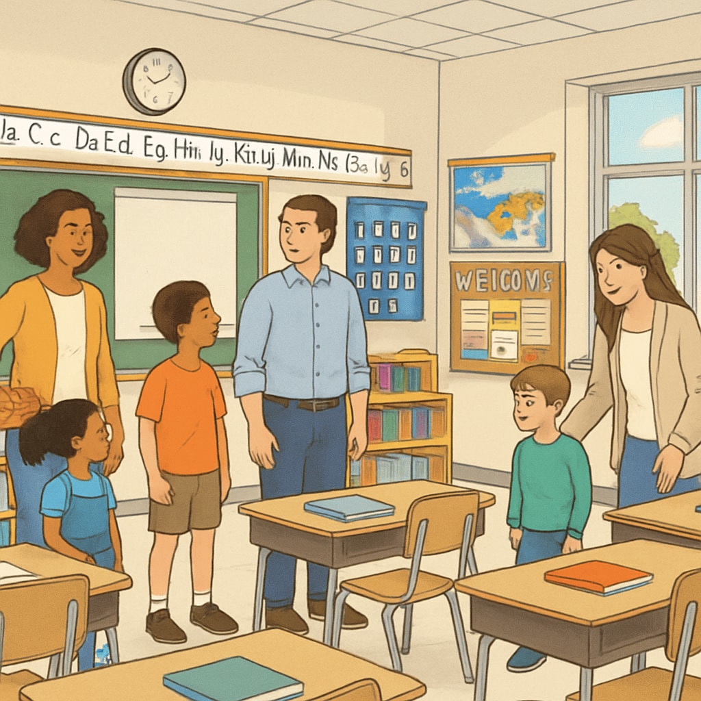 Public school evaluation; parents visiting an elementary classroom during open house.