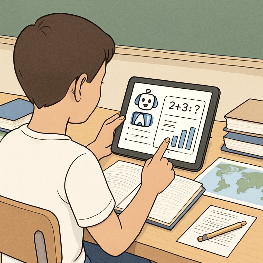 A student using an AI-powered learning app on a tablet, sitting at a desk with textbooks. Student using an AI-powered learning tool to improve academic performance.
