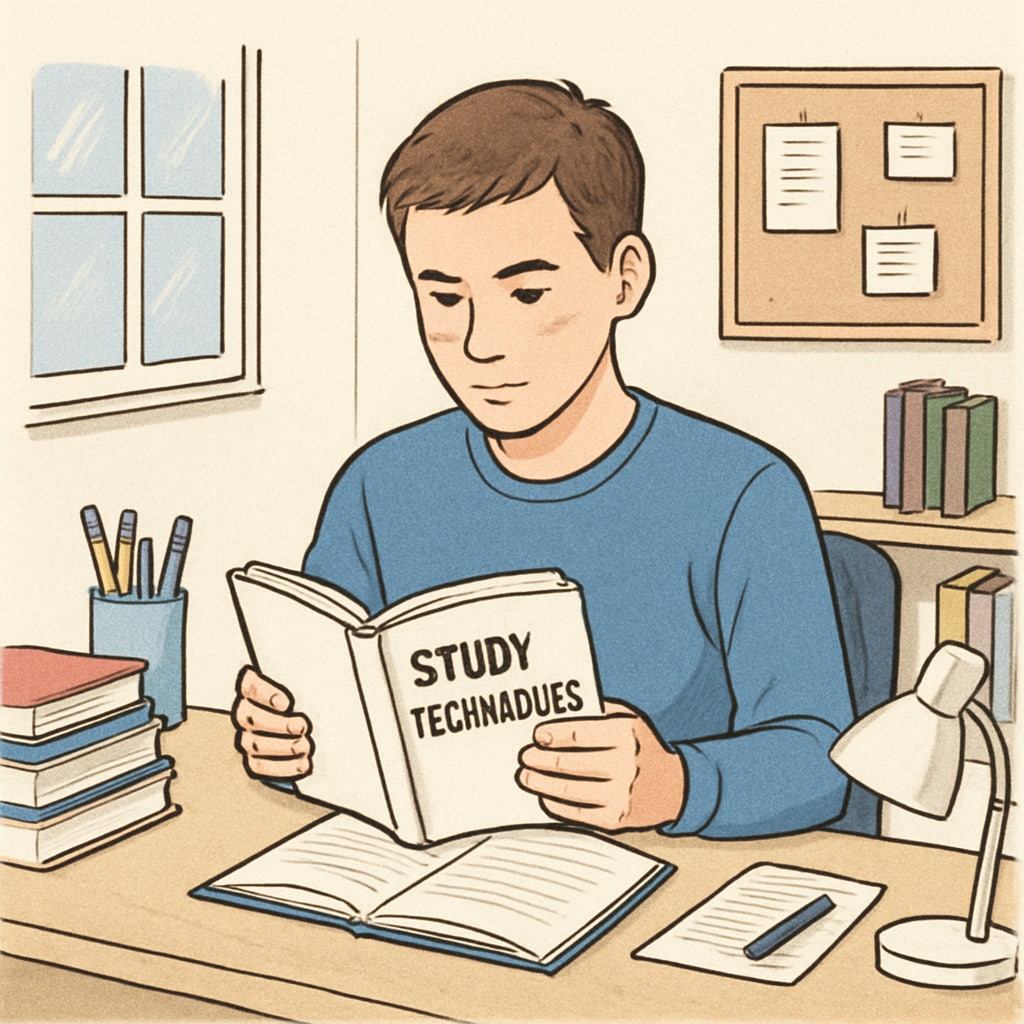 Student reading a book on study methods and knowledge retention.