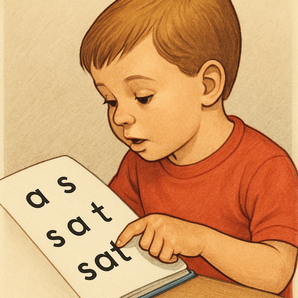 Child practicing phonics-based reading with a book