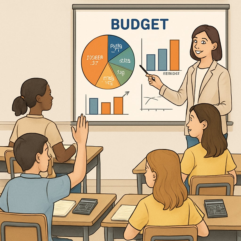 Students learning about financial literacy and budgeting in a classroom.