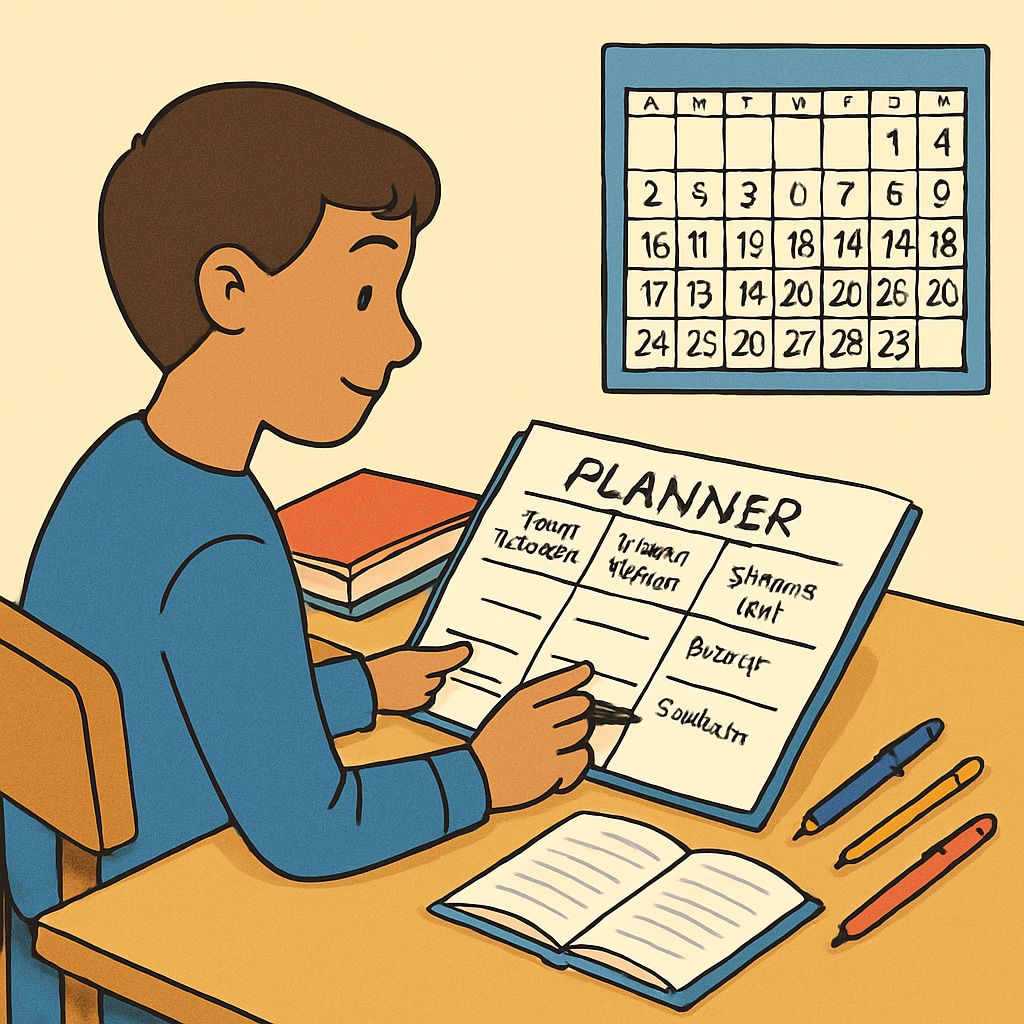 A student practicing time management by planning school tasks.