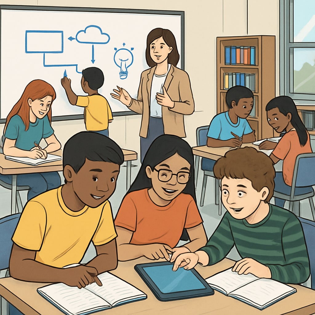 Classroom of students solving problems to adapt to AI impacts on education.