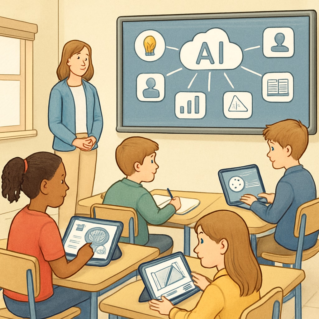 Students learning through AI tools in a modern classroom setting.