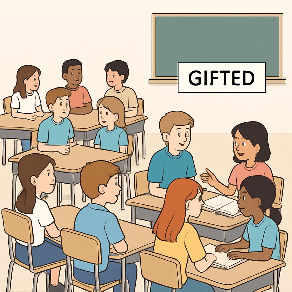Students labeled as gifted sitting apart from others in a classroom, emphasizing divides caused by educational labels.