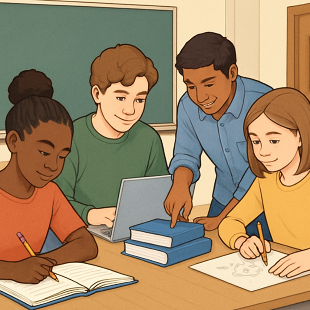 Students of various abilities and backgrounds working together on a shared project in a classroom.