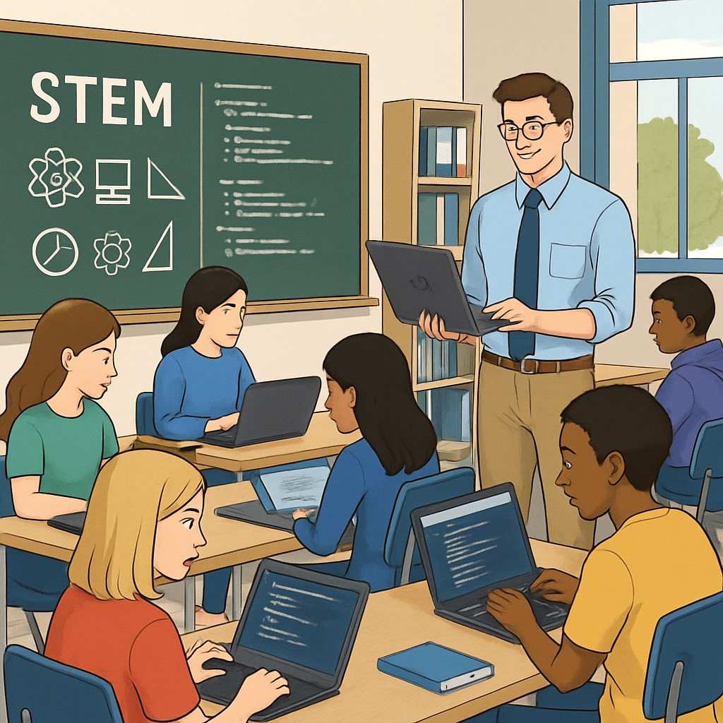 High school students learning coding as part of STEM education reform.