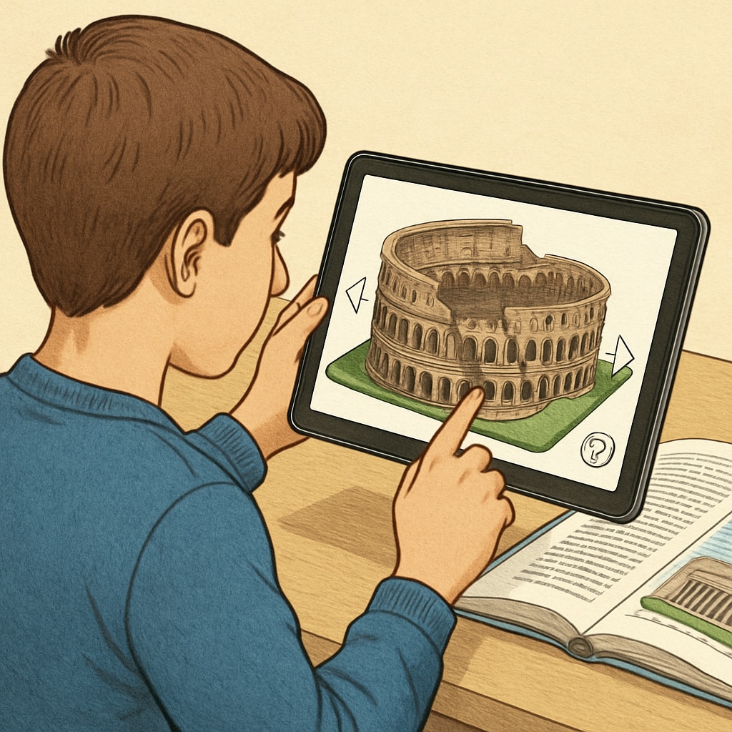 Interactive 3D model of a historical landmark on a tablet for K12 learning.